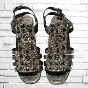 Vince Camuto Strappy 3" Platform Wedge Black Beaded Peep Toe Sandals Size 5 (35)